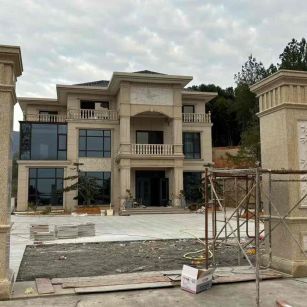 长沙 黄金麻花岗岩别墅雕花外墙干挂配上门口雕花罗马柱